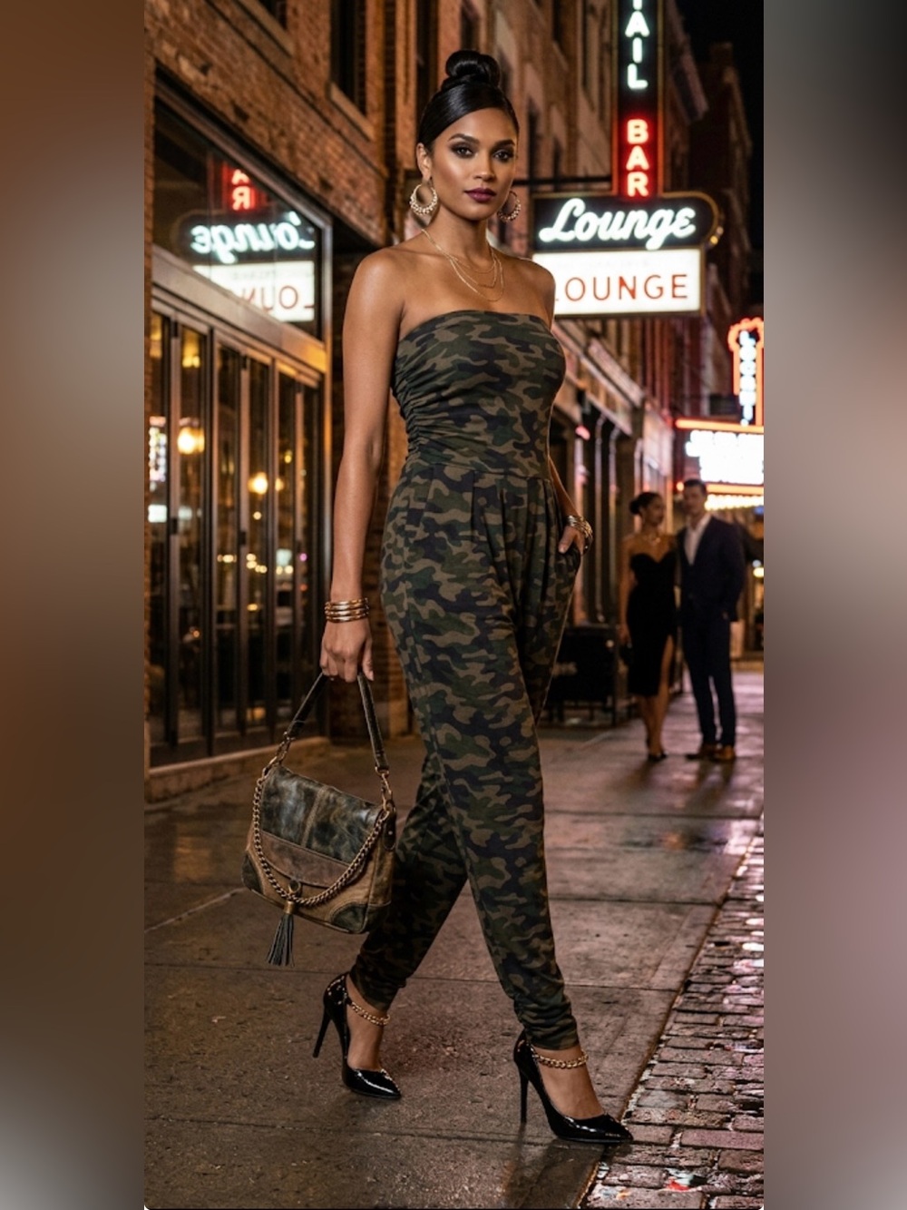 Popular Basics Strapless Camouflage Jumpsuit in Olive Green NWOT